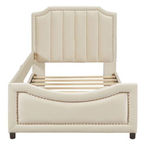 Twin Size Upholstered Daybed With Classic Stripe Shaped Headboard - Beige