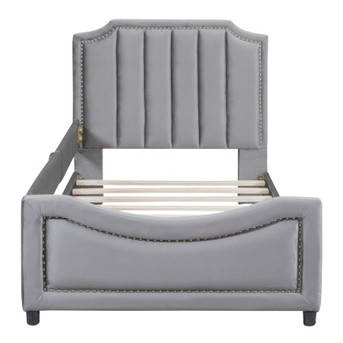 Twin Size Upholstered Daybed With Classic Stripe Shaped Headboard - Gray