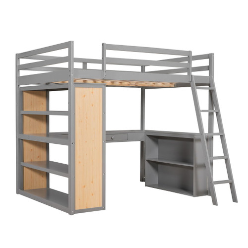 Full Size Loft Bed With Ladder, Shelves, And Desk - Gray