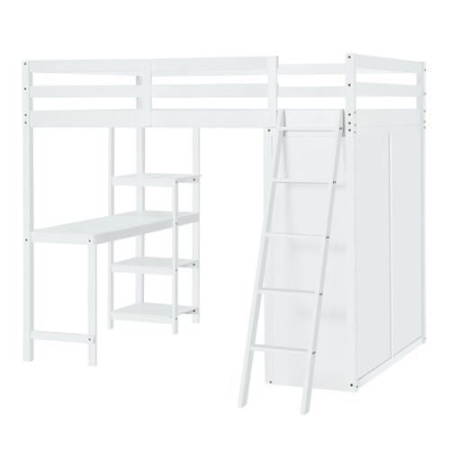 Full Size Loft Bed With Wardrobe And Desk And Shelves - White