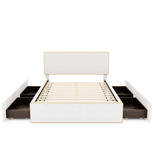 Full Size Upholstered Platform Bed With 4 Drawers And Edge On The Headboard & Footboard - White / Gold