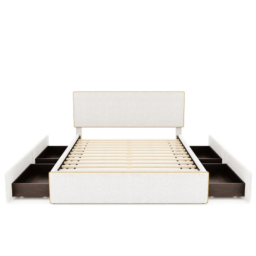 Queen Size Upholstered Platform Bed With 4 Drawers And Golden Edge On The Headboard & Footboard - White