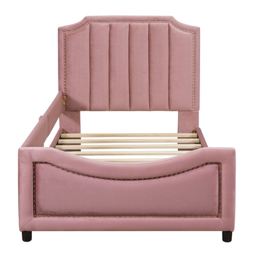 Twin Size Upholstered Daybed With Classic Stripe Shaped Headboard - Pink