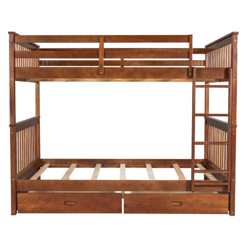 Full Over Full Bunk Bed With Ladders And 2 Storage Drawers - Walnut