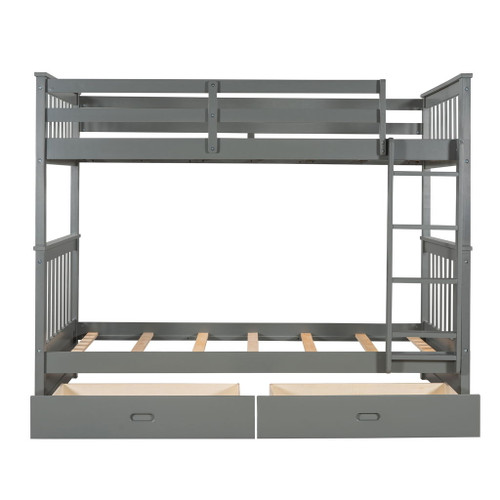 Twin Over Twin Bunk Bed With Ladders And 2 Storage Drawers - Gray