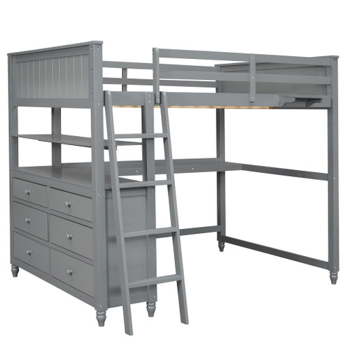 Full Size Loft Bed With Drawers And Desk With Shelves - Gray