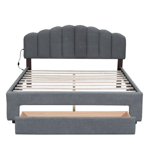 Queen Size Upholstered Platform Bed With Drawer - Gray