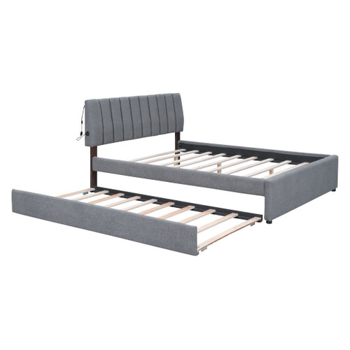 Queen Size Upholstered Platform Bed With Twin Long Trundle - Gray