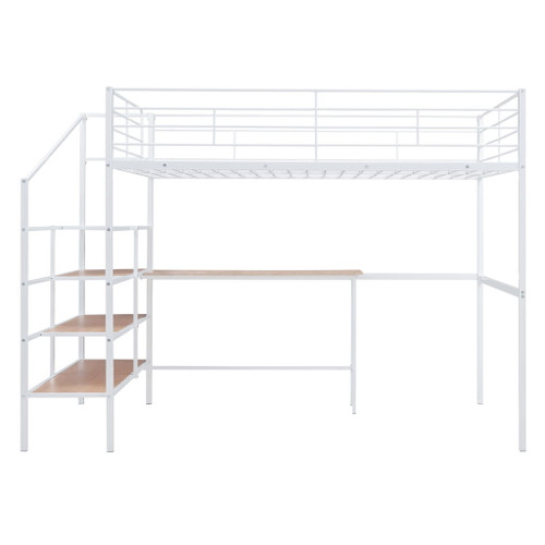 Full Size Loft Bed With Desk And Lateral Storage Ladder - White