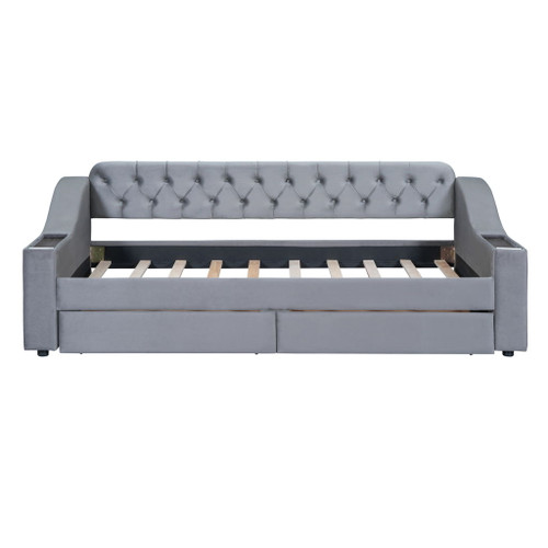 Twin Size Upholstered Daybed With Storage Armrests And USB Port - Gray