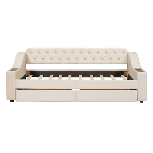 Twin Size Upholstered Daybed With Storage Armrests And USB Port - Beige