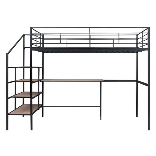 Full Size Loft Bed With Desk And Lateral Storage Ladder - Black