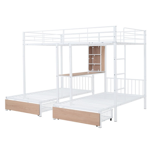 Full Over Twin & Twin Triple Bunk Bed With Drawers, Multi-Functional Frame With Desks And Shelves In The Middle - White