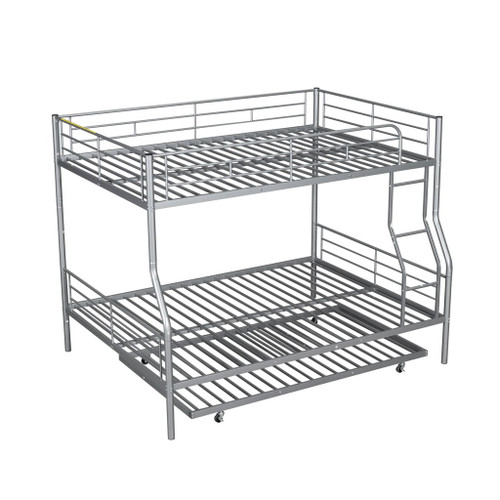Full Long Over Queen Metal Bunk Bed With Trundle - Silver
