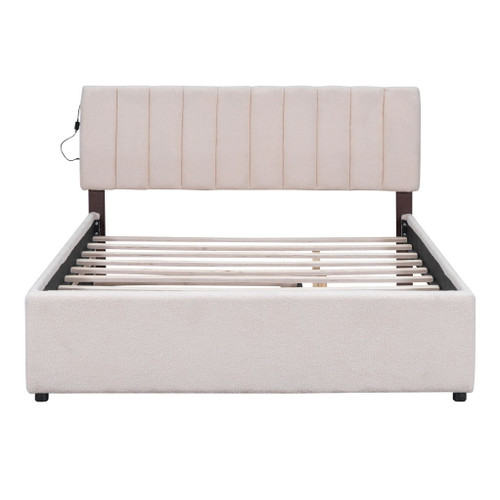 Queen Size Upholstered Platform Bed With Twin Long Trundle - Beige
