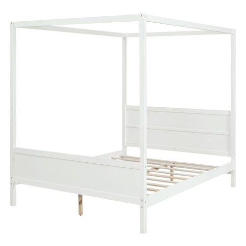 Queen Size Canopy Platform Bed With Headboard And Footboard, Slat Support Leg - White