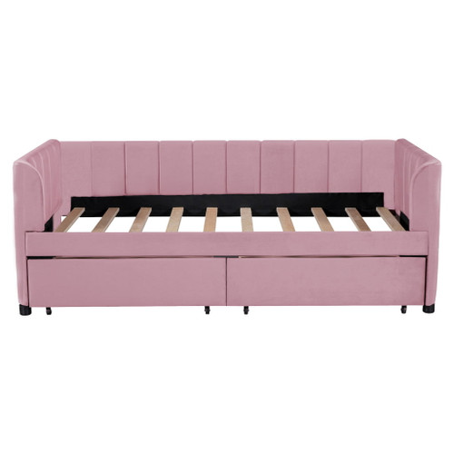 Twin Size Upholstered Daybed With Ergonomic Design Backrest And 2 Drawers - Pink