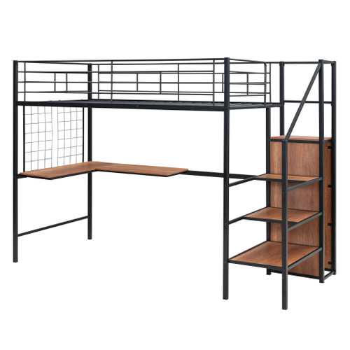 Twin Size Loft Bed With Desk And Grid, Stylish Frame With Lateral Storage Ladder And Wardrobe - Black