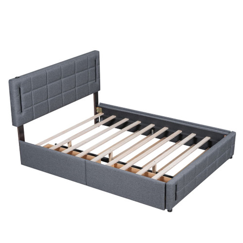 Queen Size Upholstered Platform Bed With Trundle And Drawers - Gray