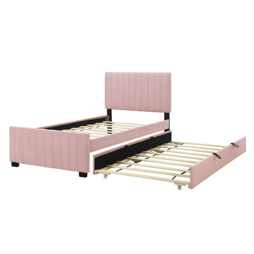 Twin Size Upholstered Platform Bed With Twin Size Trundle - Pink