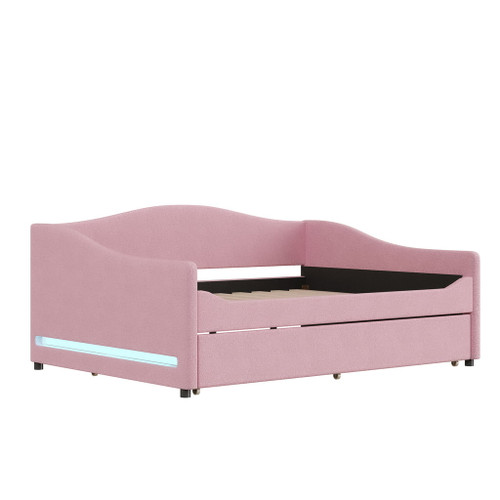 Full Size Upholstered Daybed With Light And Trundle - Pink