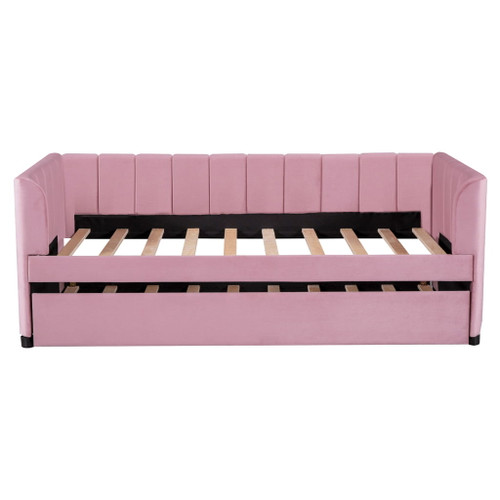Twin Size Upholstered Daybed With Ergonomic Design Backrest And Trundle - Pink