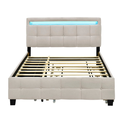 Queen Size Upholstered Platform Bed With LED Frame, With Twin Long Size Trundle And 2 Drawers - Beige