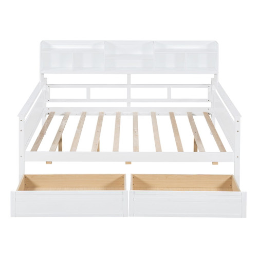 Full Size Daybed, Slat Support, With Bedside Shelf And Two Drawers - White