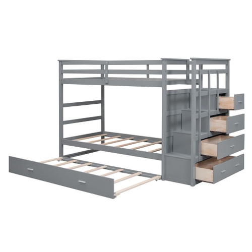 Twin Over Twin Bunk Bed With Trundle And Staircase - Gray