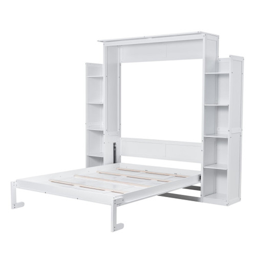 Queen Size Murphy Wall Bed With Shelves And LED Lights - White