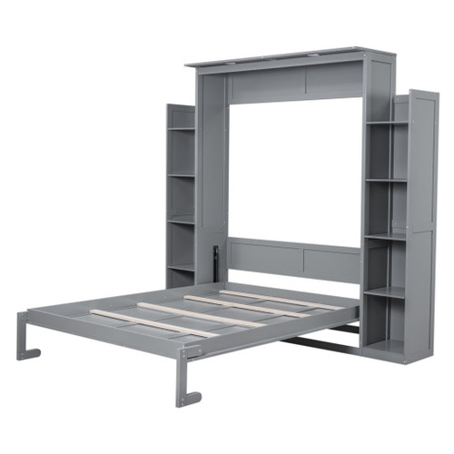 Queen Size Murphy Wall Bed With Shelves And LED Lights - Gray