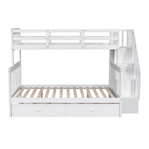 Twin Over Full Bunk Bed With Twin Size Trundle, Storage And Guard Rail For Bedroom - White