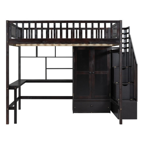 Full Size Loft Bed With Bookshelf, Drawers, Desk, And Wardrobe - Espresso