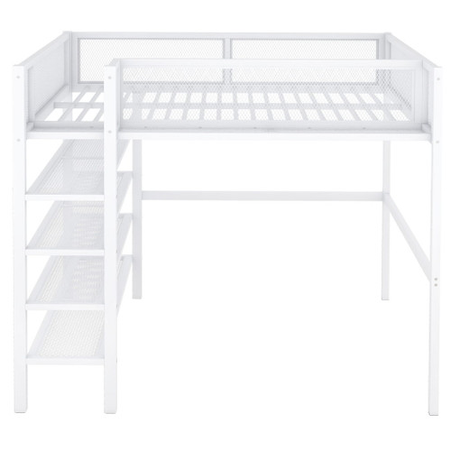 Full Size Loft Bed With 4 Tier Shelves And Storage - White