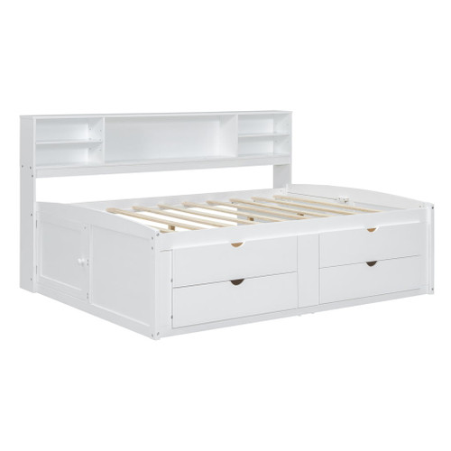 Full Size Daybed With 2 Bedside Cabinets, Upper Shelves And 4 Drawers - White
