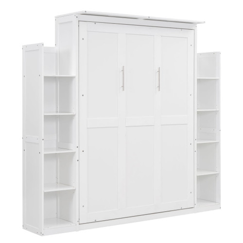 Full Size Murphy Wall Bed With Shelves And LED Lights - White