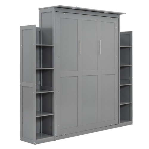 Full Size Murphy Wall Bed With Shelves And LED Lights - Gray