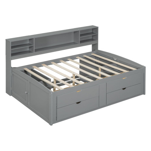 Full Size Daybed With 2 Bedside Cabinets, Upper Shelves And 4 Drawers - Gray