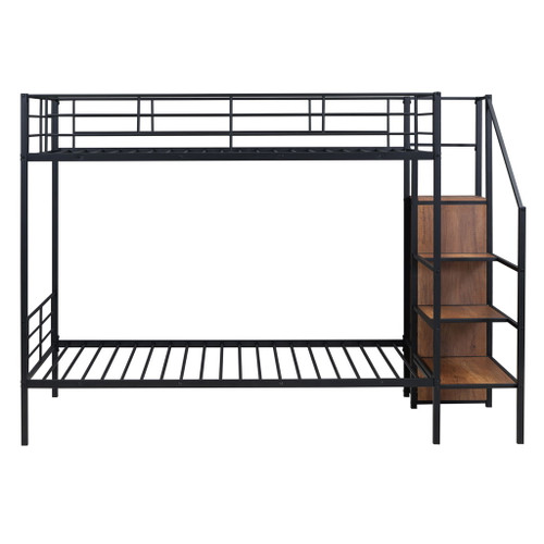 Twin Over Twin Metal Bunk Bed With Lateral Storage Ladder And Wardrobe - Black