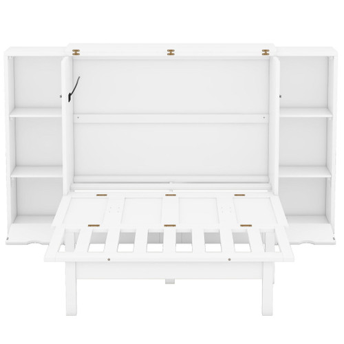Queen Size Murphy Bed With Shelves, Drawers And USB Ports - White