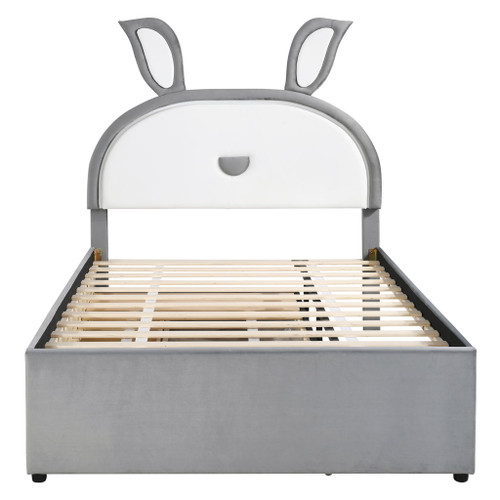 Full Size Upholstered Platform Bed With Trundle And 3 Drawers, Rabbit-Shaped Headboard With Embedded LED Lights - Gray