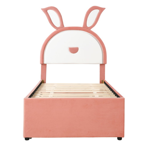 Twin Size Upholstered Platform Bed With Trundle And 3 Drawers, Rabbit-Shaped Headboard With Embedded LED Lights - Pink
