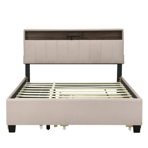 Queen Size Upholstered Platform Bed With Storage Headboard, Twin Long Size Trundle & 2 Drawers And A Set Of Sockets & USB Ports - Beige