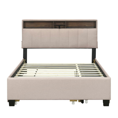 Full Size Upholstered Platform Bed With Storage Headboard, Twin Size Trundle & 2 Drawers And A Set Of Sockets & USB Ports - Beige