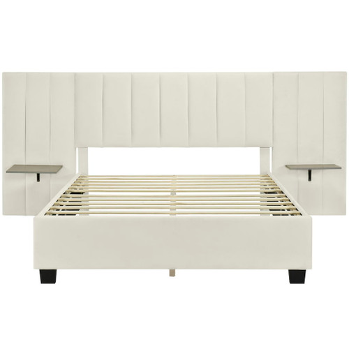 Queen Size Upholstered Platform Bed With Big Headboard - Beige