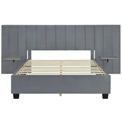 Queen Size Upholstered Platform Bed With Big Headboard - Gray