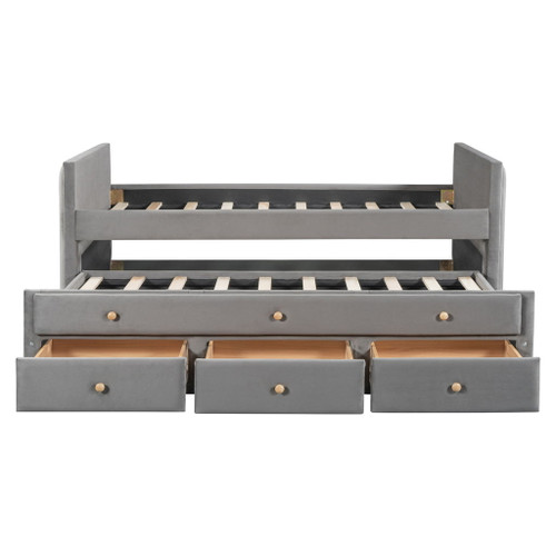 Twin Size Upholstered Daybed With Twin Size Trundle And Drawers - Gray