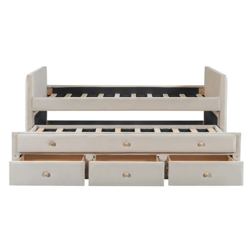 Twin Size Upholstered Daybed With Twin Size Trundle And Drawers - Beige