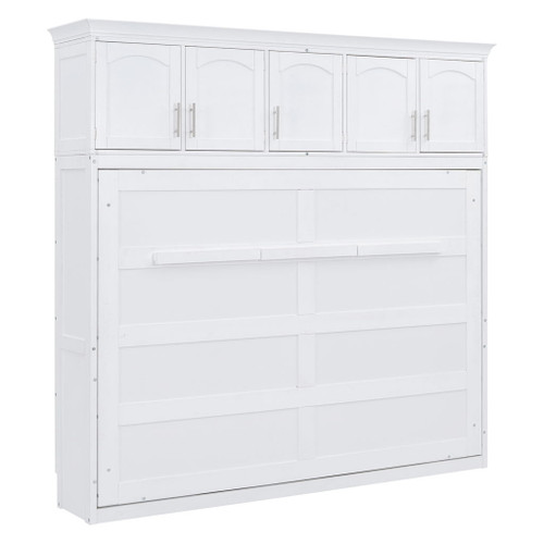 Queen Size Murphy Modern Wall Bed With Top Cabinets, Space Saving Design - White