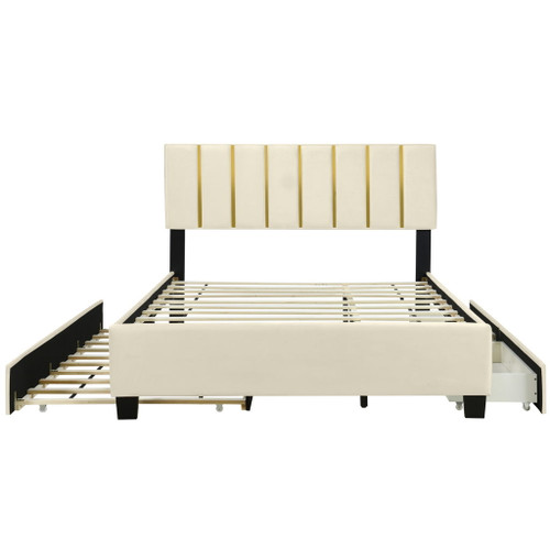 Queen Size Upholstered Platform Bed With 2 Drawers And 1 Trundle, Classic Strip Headboard Design - Beige
